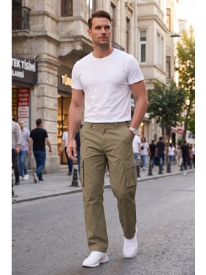 RizzUP Erkek Relaxed Fit Bol Kesim Likralı Yeşil Outdoor Kargo Pantolon – Çok Cepli Geniş Paça 1705421