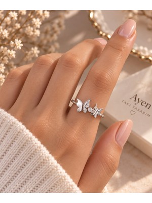 Ayen Accessories Kadın Gümüş Renk Kelebek Figürlü Zirkon Taşlı Ayarlanabilir Yüzük – Zarif Tasarım