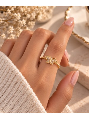 Ayen Accessories Kadın Gold Kelebek Figürlü Zirkon Taşlı Ayarlanabilir Yüzük – Zarif Tasarım