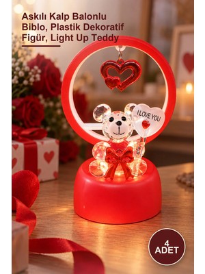 Yenilig 4 Adet Işıklı Kırmızı I Love You Ayıcık – Askılı Kalp Balonlu Biblo, Plastik Dekoratif Figür, Light Up Teddy