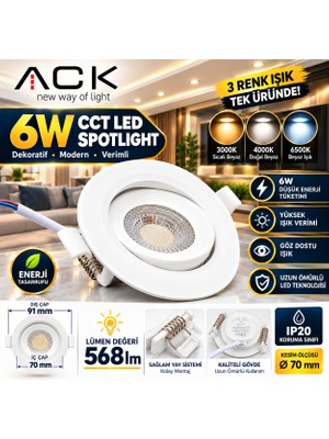 Ack 6W Cct LED Spot | Sıva Altı 3 Renk | 3000K 4000K 6500K | 490-568-535 Lümen | Ø70MM Kesim | Beyaz