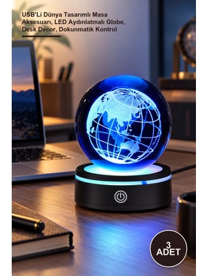 Yenilig 3 Adet Dönen Cam Küre – Usb'li Dünya Tasarımlı Masa Aksesuarı, LED Aydınlatmalı Globe, Desk Decor, Dokunmatik Kontrol
