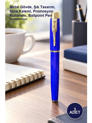 Yenilig 3 Adet Mavi Metal Tükenmez Kalem – Metal Gövde, Şık Tasarım, Imza Kalemi, Promosyon Kullanımı, Ballpoint Pen