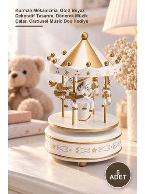 Yenilig 5 Adet Atlı Karınca Müzik Kutusu – Kurmalı Mekanizma, Gold Beyaz Dekoratif Tasarım, Dönerek Müzik Çalar, Carousel Music Box Hediye
