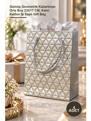 Yenilig 4 Adet Karton Hediye Çantası – Gümüş Geometrik Kabartmalı Orta Boy 23X17 Cm, Kalın Karton Ip Saplı Gift Bag