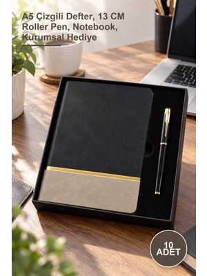 Yenilig 10 Adet Siyah Gold Detaylı Termo Deri Defter ve Metal Roller Kalem Hediye Seti – A5 Çizgili Defter, 13 cm Roller Pen, Notebook, Kurumsal Hediye