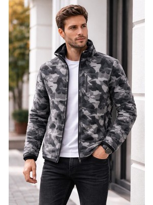 Bizim Terzi Gri Siyah Kamuflaj Polar 3 Cepli Tam Fermuarlı Slim Fit Anti Pilling Tüylenme Yapmaz. Hava Geçirmez