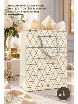 Yenilig 5 Adet Karton Hediye Çantası – Beyaz Geometrik Desenli Orta Boy (23X17 Cm) Ipli Saplı Düğün Nişan Gift Bag Paper Bag