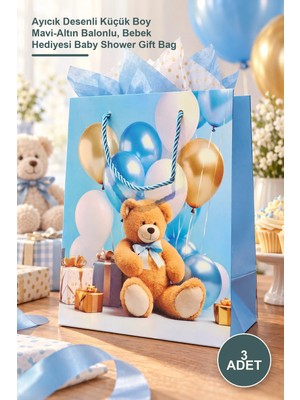Yenilig 3 Adet Karton Hediye Çantası – Ayıcık Desenli Küçük Boy Mavi-Altın Balonlu, Bebek Hediyesi Baby Shower Gift Bag