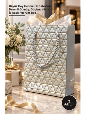 Yenilig 3 Adet Karton Hediye Çantası – Büyük Boy Geometrik Kabartma Desenli Gümüş, Güçlendirilmiş Ip Saplı, Vıp Gift Bag