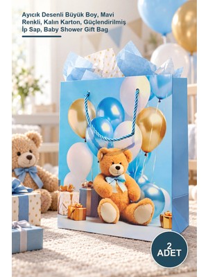 Yenilig 2 Adet Karton Hediye Çantası – Ayıcık Desenli Büyük Boy, Mavi Renkli, Kalın Karton, Güçlendirilmiş Ip Sap, Baby Shower Gift Bag