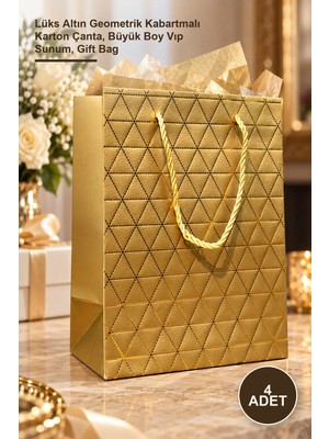 Yenilig 4 Adet Gold Geometrik Desenli Büyük Boy Karton Hediye Çantası – Lüks Altın Geometrik Kabartmalı Karton Çanta, Büyük Boy Vıp Sunum, Gift Bag