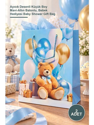 Yenilig 2 Adet Karton Hediye Çantası – Ayıcık Desenli Küçük Boy Mavi-Altın Balonlu, Bebek Hediyesi Baby Shower Gift Bag