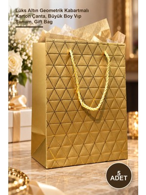 Yenilig 5 Adet Gold Geometrik Desenli Büyük Boy Karton Hediye Çantası – Lüks Altın Geometrik Kabartmalı Karton Çanta, Büyük Boy Vıp Sunum, Gift Bag
