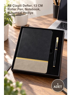 Yenilig 1 Adet Siyah Gold Detaylı Termo Deri Defter ve Metal Roller Kalem Hediye Seti – A5 Çizgili Defter, 13 cm Roller Pen, Notebook, Kurumsal Hediye