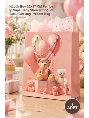 Yenilig 1 Adet Ayıcık Desenli Karton Hediye Çantası – Küçük Boy 23X17 cm Pembe Ip Saplı Baby Shower Doğum Günü Gift Bag Present Bag