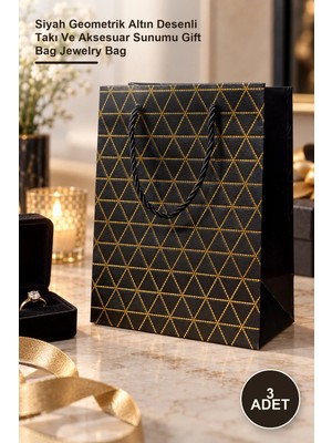 Yenilig 3 Adet Mini Karton Hediye Çantası – Siyah Geometrik Altın Desenli Takı ve Aksesuar Sunumu Gift Bag Jewelry Bag
