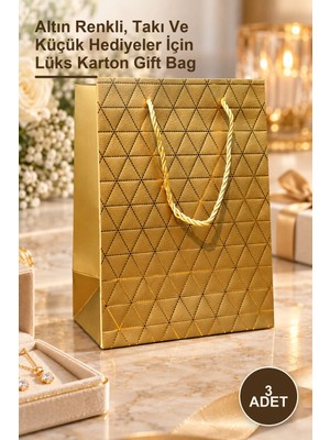 Yenilig 3 Adet Gold Geometrik Desenli Mini Boy Karton Hediye Çantası – Altın Renkli, Takı ve Küçük Hediyeler Için Lüks Karton Gift Bag