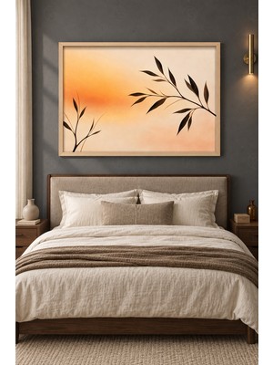 Tontilika Ince Dal Şeftali Gün Batımı Ahşap Çerçeveli Duvar Tablosu