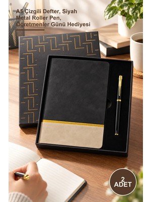 Yenilig 2 Adet Siyah Termo Deri Defter ve Metal Roller Kalem Seti – A5 Çizgili Defter, Siyah Metal Roller Pen, Öğretmenler Günü Hediyesi