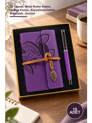 Yenilig 10 Adet Yaprak Desenli Mor Suni Deri Defter Seti – 70 Yaprak, Metal Roller Kalem, Hediye Kutulu, Kişiselleştirilebilir Notebook, Journal