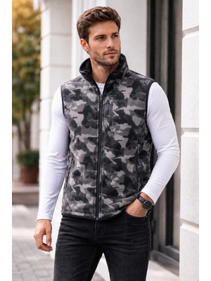 Bizim Terzi Gri Siyah Kamuflaj Polar Yelek 3 Cepli Tam Fermuarlı Slim Fit Anti Pilling Tüylenme Yapmaz. Hava Geçirmez