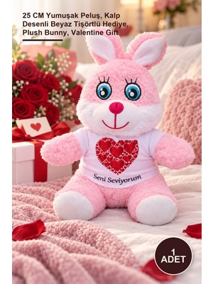 Yenilig 1 Adet Seni Seviyorum Tişörtlü Pembe Peluş Tavşan – 25 cm Yumuşak Peluş, Kalp Desenli Beyaz Tişörtlü Hediye, Plush Bunny, Valentine Gift