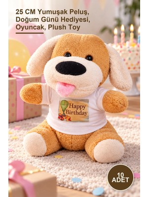 Yenilig 10 Adet Happy Birthday Tişörtlü Peluş Köpek – 25 cm Yumuşak Peluş, Doğum Günü Hediyesi, Oyuncak, Plush Toy