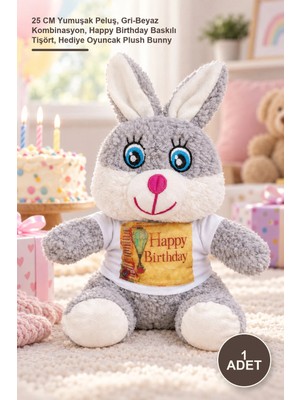 Yenilig 1 Adet Doğum Günü Tişörtlü Sevimli Peluş Tavşan – 25 cm Yumuşak Peluş, Gri-Beyaz Kombinasyon, Happy Birthday Baskılı Tişört, Hediye Oyuncak Plush Bunny