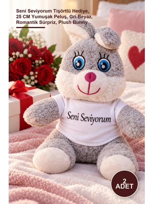 Yenilig 2 Adet Peluş Tavşan – Seni Seviyorum Tişörtlü Hediye, 25 cm Yumuşak Peluş, Gri Beyaz, Romantik Sürpriz, Plush Bunny
