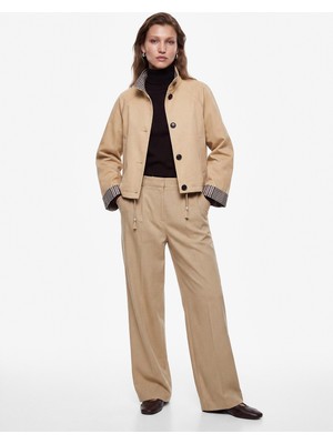 Koton Uzun Kollu Düğmeli Ekose Astarlı Oversize Gabardin Dik Yaka Kısa Trençkot