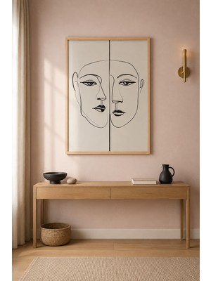 Tontilika Çiçekli Portre Line Art Kadın Ahşap Çerçeveli Duvar Tablosu