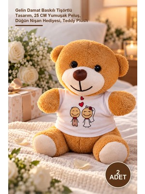 Yenilig 2 Adet Peluş Ayıcık – Gelin Damat Baskılı Tişörtlü Tasarım, 25 cm Yumuşak Peluş, Düğün Nişan Hediyesi, Teddy Plush