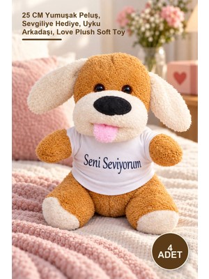 Yenilig 4 Adet Seni Seviyorum Tişörtlü Sevimli Peluş Köpek – 25 cm Yumuşak Peluş, Sevgiliye Hediye, Uyku Arkadaşı, Love Plush Soft Toy