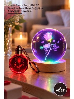 Yenilig 3 Adet I Love You Tasarım Işıklı Cam Küre ve Anahtarlık Seti – Kristal Cam Küre, USB LED Gece Lambası, Renk Değiştiren Anahtarlık, Keychain