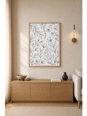 Tontilika Çiçek Deseni Tek Çizgi Botanik Ahşap Çerçeveli Duvar Tablosu