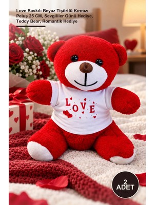 Yenilig 2 Adet Peluş Ayıcık – Love Baskılı Beyaz Tişörtlü Kırmızı Peluş 25 Cm, Sevgililer Günü Hediye, Teddy Bear, Romantik Hediye