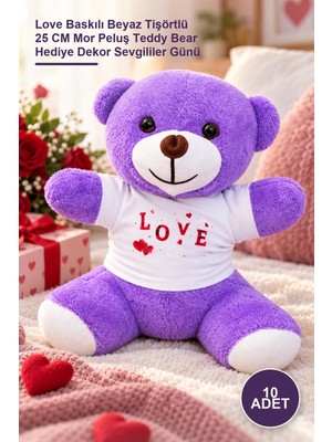 Yenilig 10 Adet Peluş Ayıcık – Love Baskılı Beyaz Tişörtlü 25 cm Mor Peluş Teddy Bear Hediye Dekor Sevgililer Günü