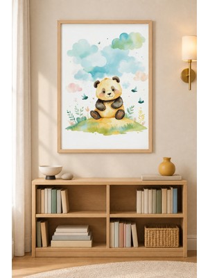 Tontilika Çimen Tepede Panda Pastel Gökyüzü Ahşap Çerçeveli Duvar Tablosu