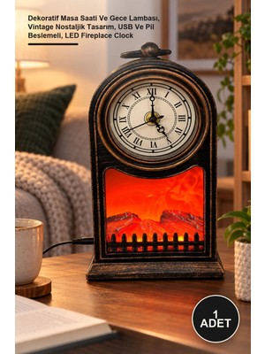 Yenilig 1 Adet LED Işıklı Siyah Eskitme Şömine Saat – Dekoratif Masa Saati ve Gece Lambası, Vintage Nostaljik Tasarım, USB ve Pil Beslemeli, LED Fireplace Clock