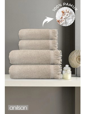 Anılsan 4'lü Bej Jelena Havlu Seti %100 Pamuk - 2 Adet El Havlusu 50x90 ve 2 Adet Banyo Havlusu 70x140