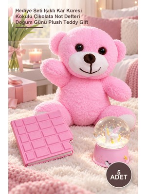 Yenilig 5 Adet Pembe Peluş Ayıcık – Hediye Seti Işıklı Kar Küresi Kokulu Çikolata Not Defteri Doğum Günü Plush Teddy Gift