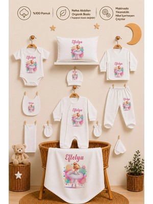 Pia Baby Isimli Kız Bebek Hastane Çıkışı 11 Parça %100 Pamuk Organik Baskılı Kişiye Özel Set
