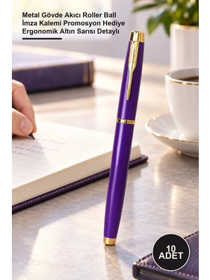 Yenilig 10 Adet Premium Mor Metal Roller Kalem – Metal Gövde Akıcı Roller Ball Imza Kalemi Promosyon Hediye Ergonomik Altın Sarısı Detaylı
