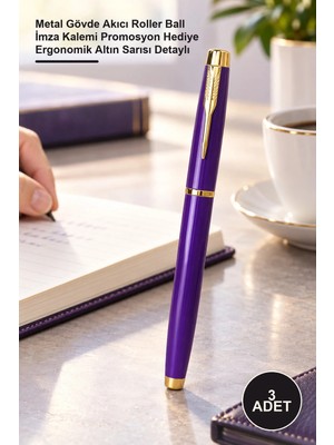 Yenilig 3 Adet Premium Mor Metal Roller Kalem – Metal Gövde Akıcı Roller Ball Imza Kalemi Promosyon Hediye Ergonomik Altın Sarısı Detaylı