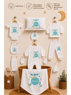 Pia Baby Kişiye Özel Erkek Bebek Hastane Çıkışı 11 Parça %100 Pamuk Organik Baskılı Set