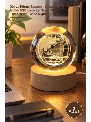 Yenilig 2 Adet Dekoratif Işıklı Kristal Cam Küre – Dünya Küresi Tasarımlı Ahşap Altlıklı USB Gece Lambası, 3D Lazer Harita Globe Night Light