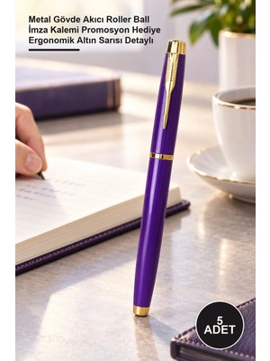 Yenilig 5 Adet Premium Mor Metal Roller Kalem – Metal Gövde Akıcı Roller Ball Imza Kalemi Promosyon Hediye Ergonomik Altın Sarısı Detaylı