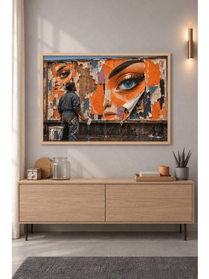 Tontilika Yırtık Afişler Turuncu Gözler ve Ressam Ahşap Çerçeveli Duvar Tablosu
