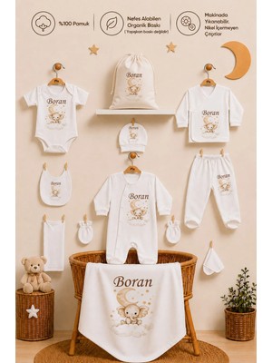 Pia Baby Erkek Bebek Hastane Çıkışı Seti 11 Parça %100 Pamuk Isimli Kişiye Özel Organik Baskılı Kıyafet Keseli